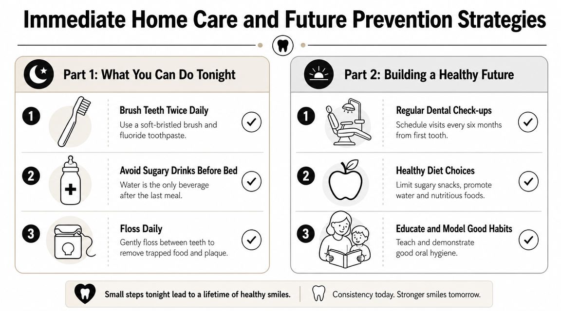 An infographic detailing immediate home dental care tips and long-term prevention strategies for healthy teeth.