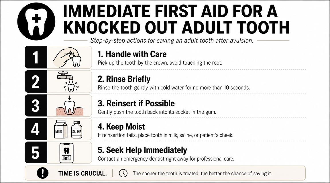 An infographic showing five easy steps for providing immediate first aid to a knocked out adult tooth.