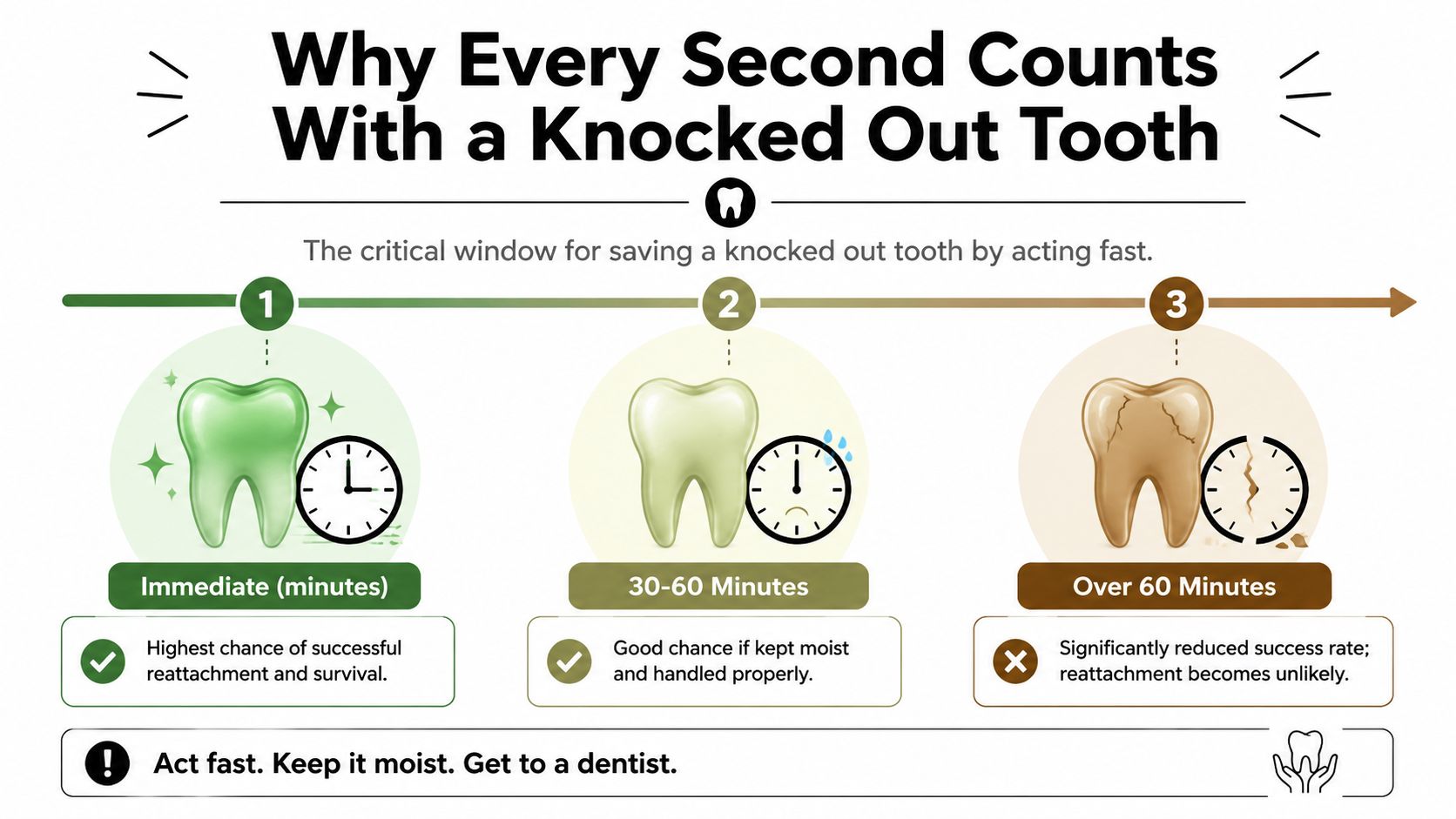An infographic showing the critical time windows for saving a knocked out tooth with treatment steps.