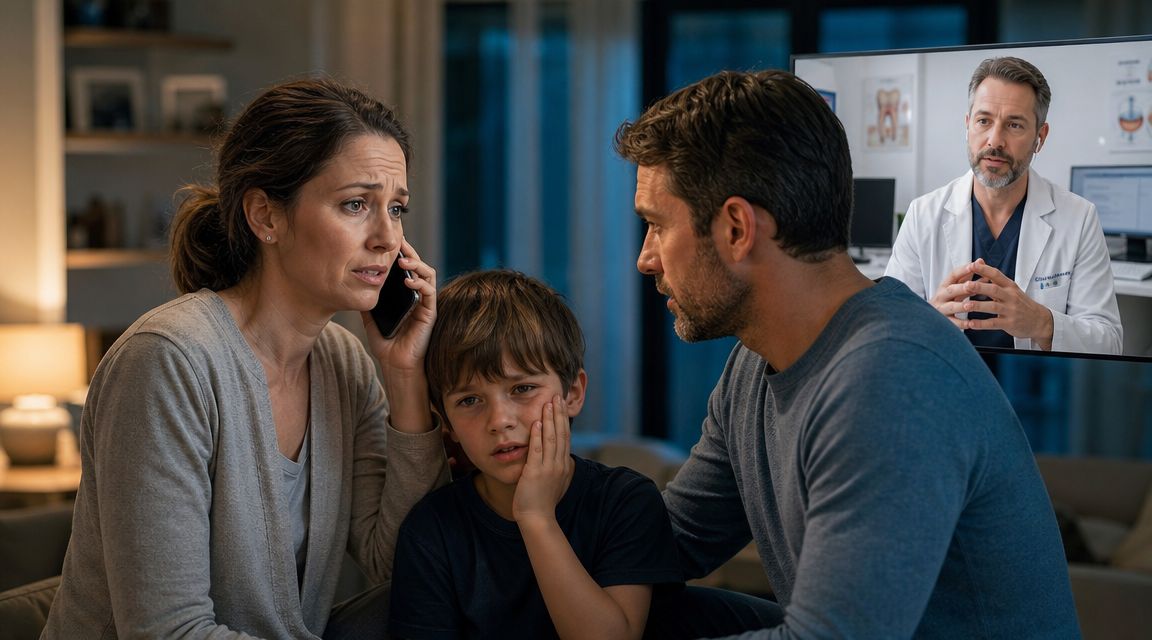 A concerned mother and father comforted their child with a toothache during a remote dental consultation.