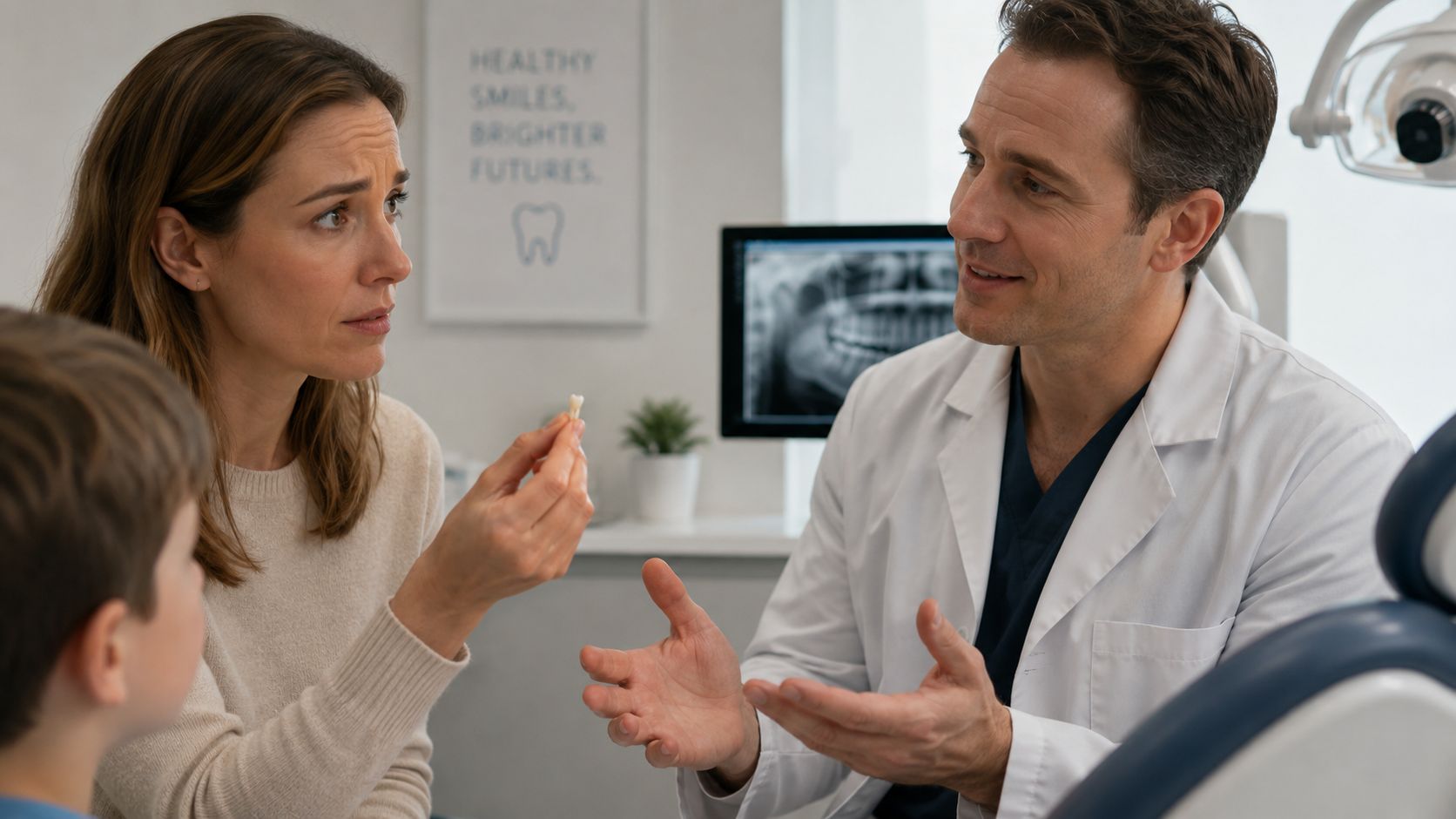 A concerned mother holding a child's knocked out tooth while talking to a professional dentist for advice.