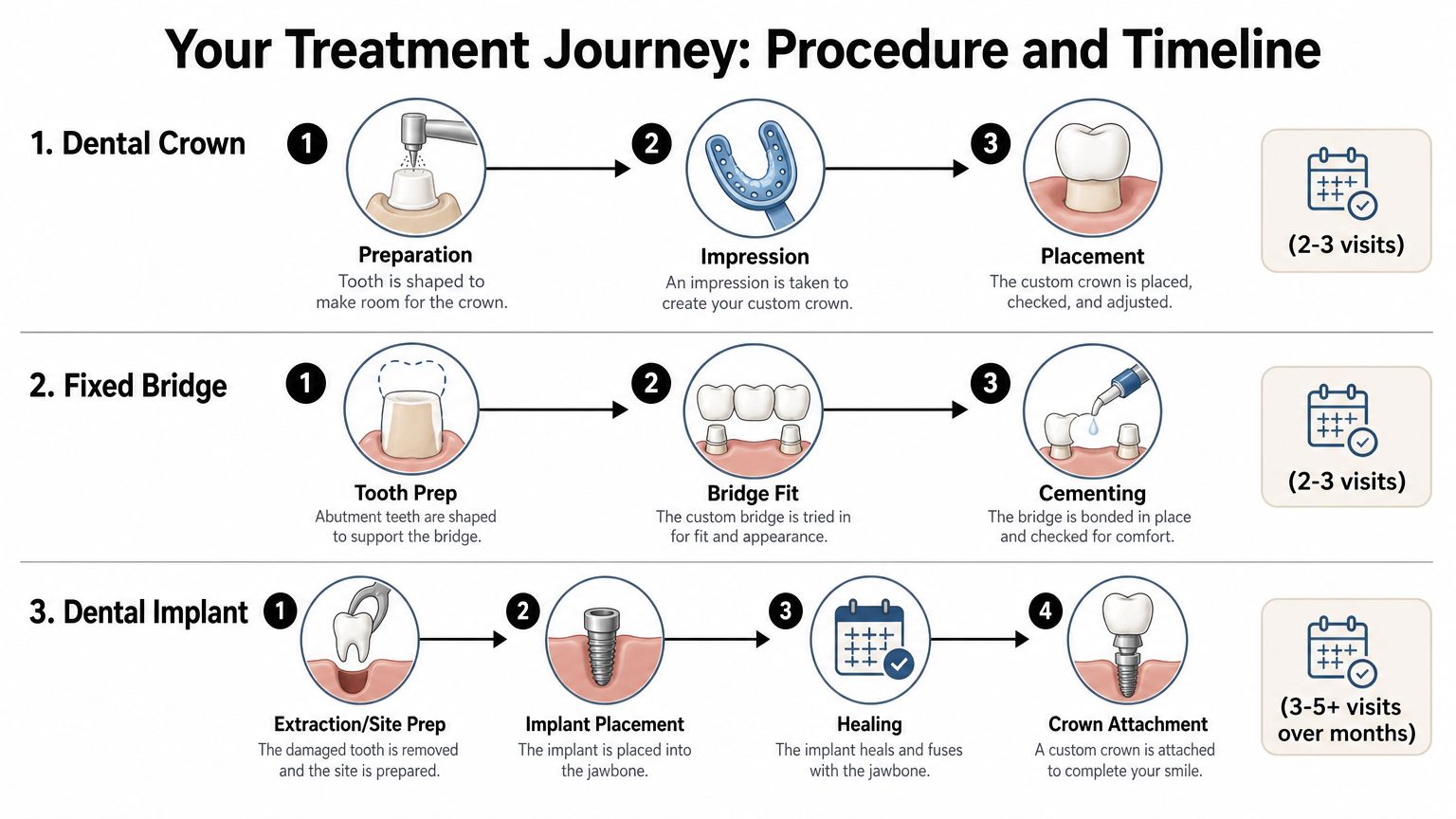 A dental treatment journey infographic showing steps for getting a dental crown, fixed bridge, or dental implant.