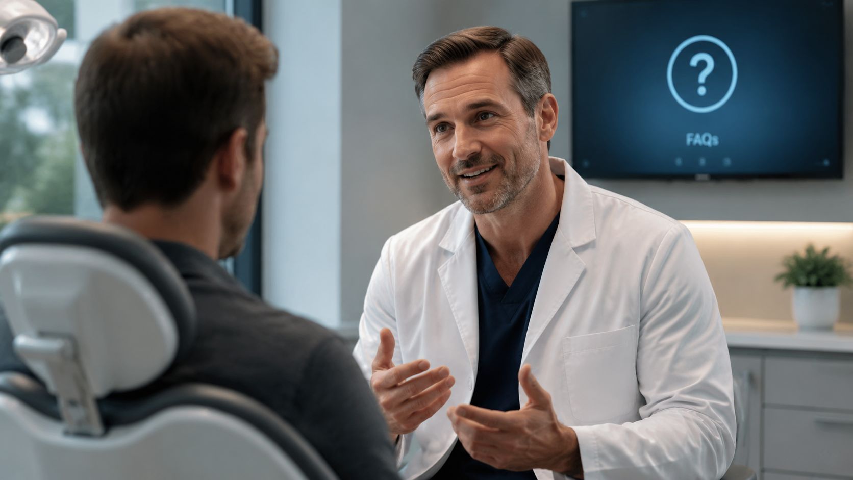 A friendly male dentist explaining a dental procedure to his patient in a modern clinical office.