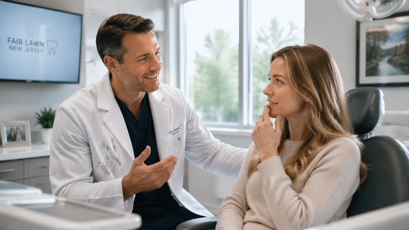 A professional dentist consults with a female patient sitting in a dental chair in a modern clinic.