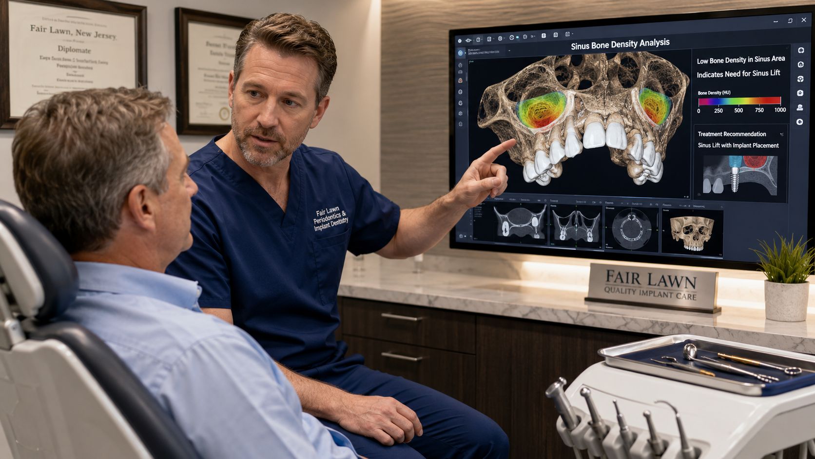 A periodontist explaining a sinus lift procedure to a patient using digital 3D dental scan imaging.