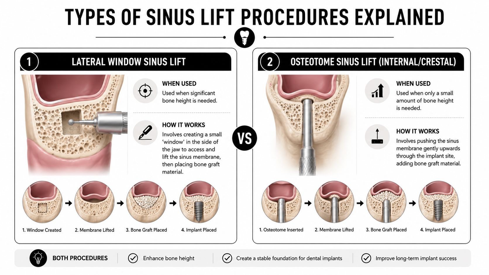A dental infographic comparing lateral window sinus lift and osteotome sinus lift procedures with step-by-step illustrations.