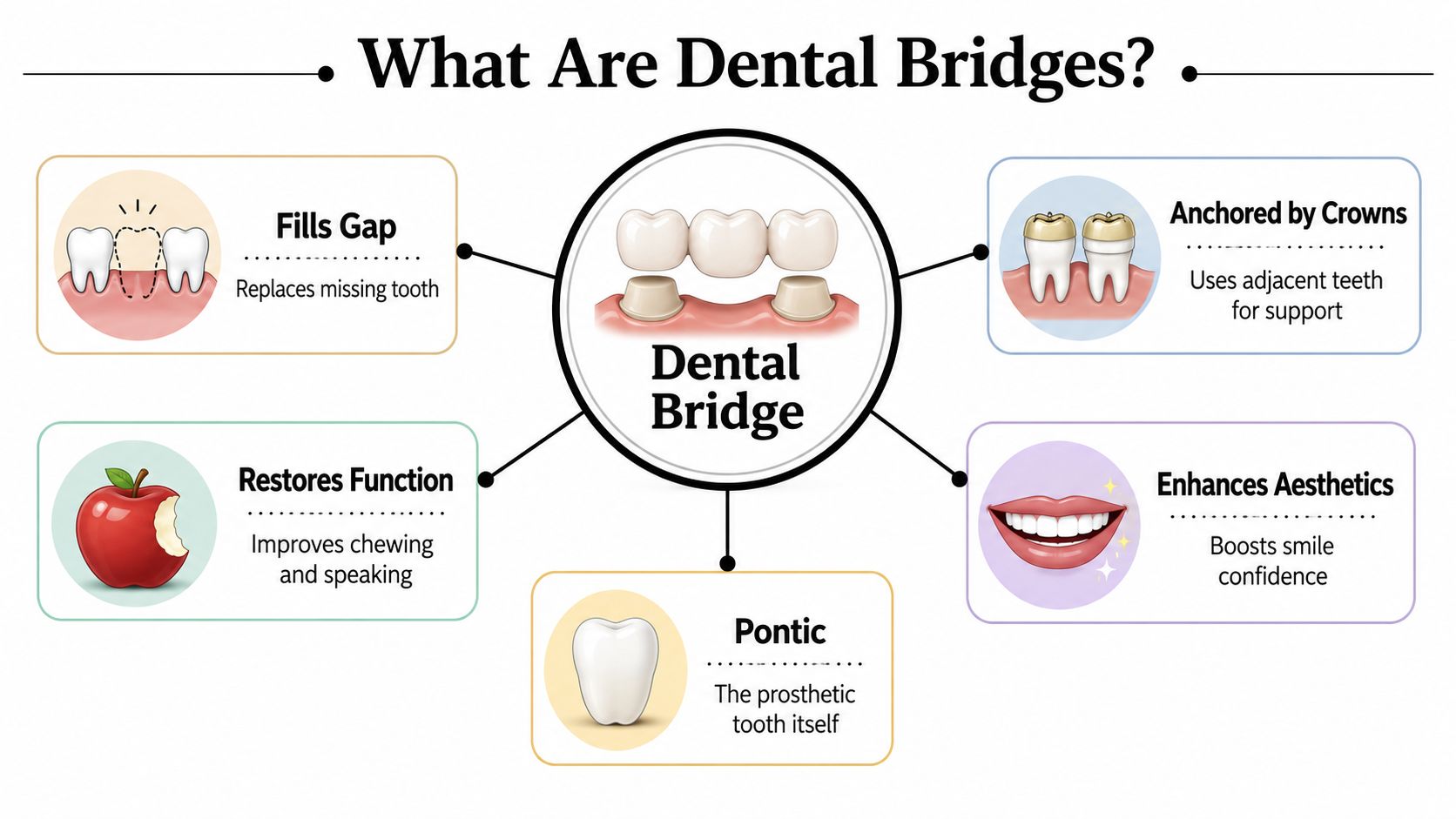 An infographic illustration explaining the definition and primary benefits of dental bridges for replacing missing teeth.