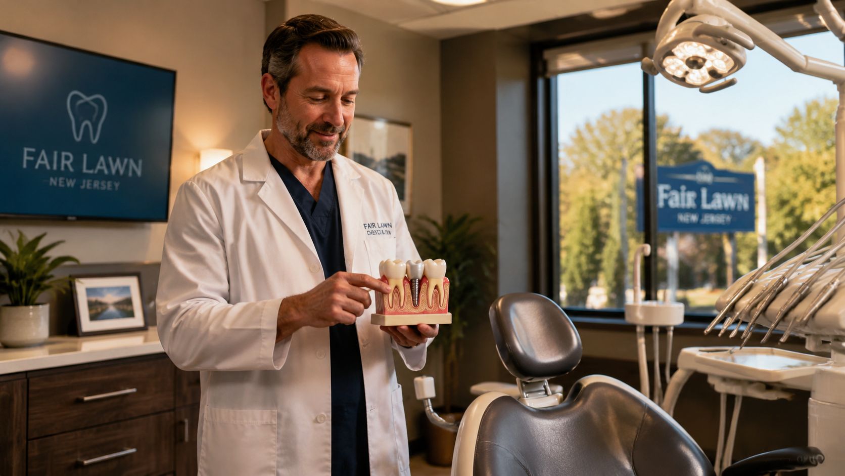 A professional dentist holding a dental implant model while standing in a dental office in Fair Lawn.