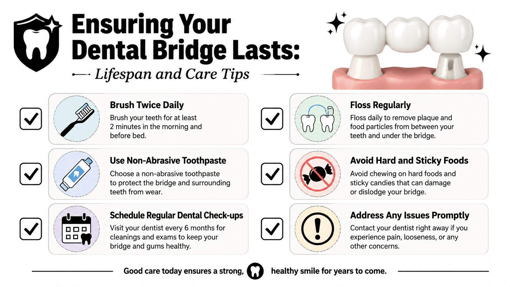 An informative infographic illustrating essential tips for maintaining dental bridges to ensure long-term oral health.