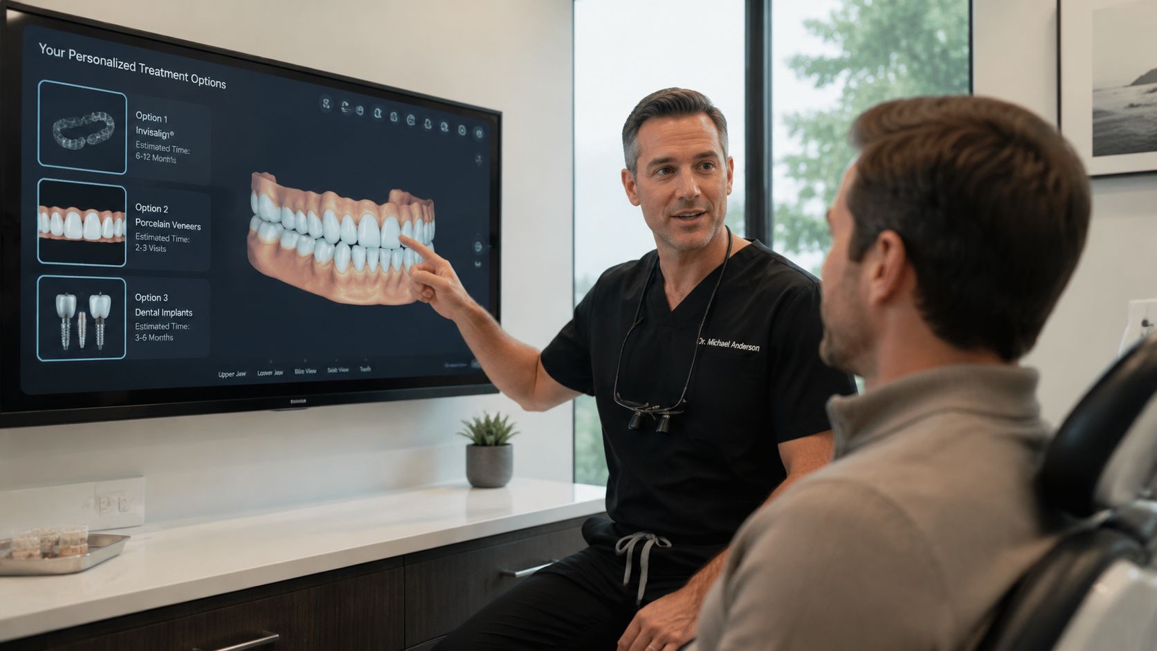 A male dentist explaining personalized dental treatment options to a patient using a digital screen display.