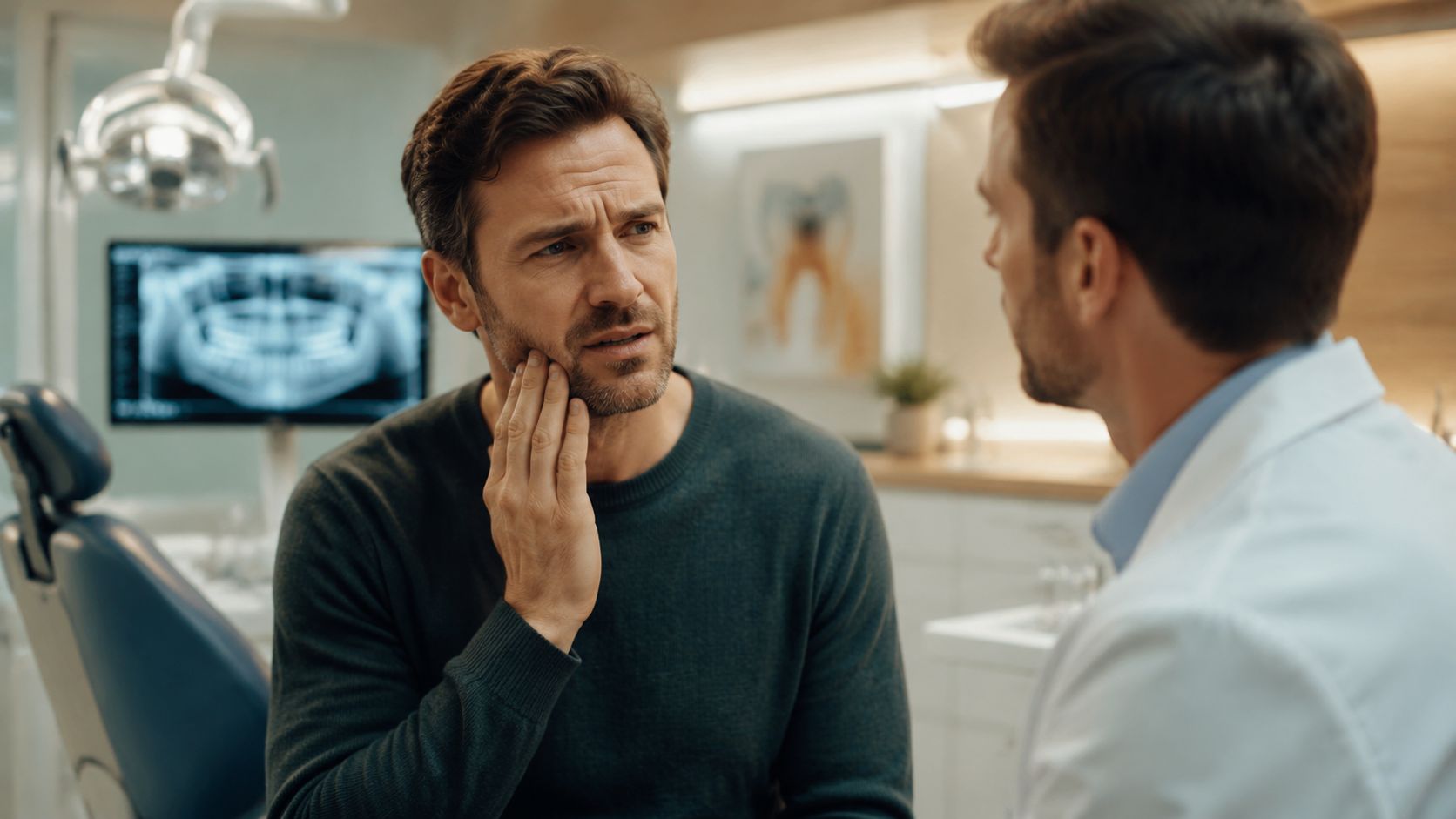 A concerned patient talking to his dentist about tooth pain while sitting in a dental office.