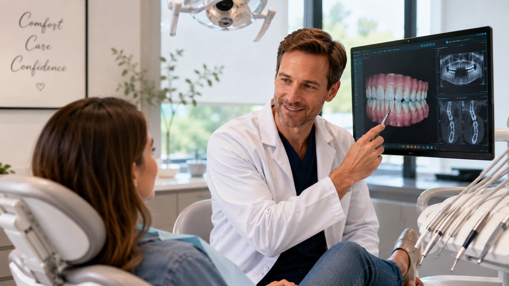 A friendly male dentist explaining dental treatment options on a digital monitor to a female patient.