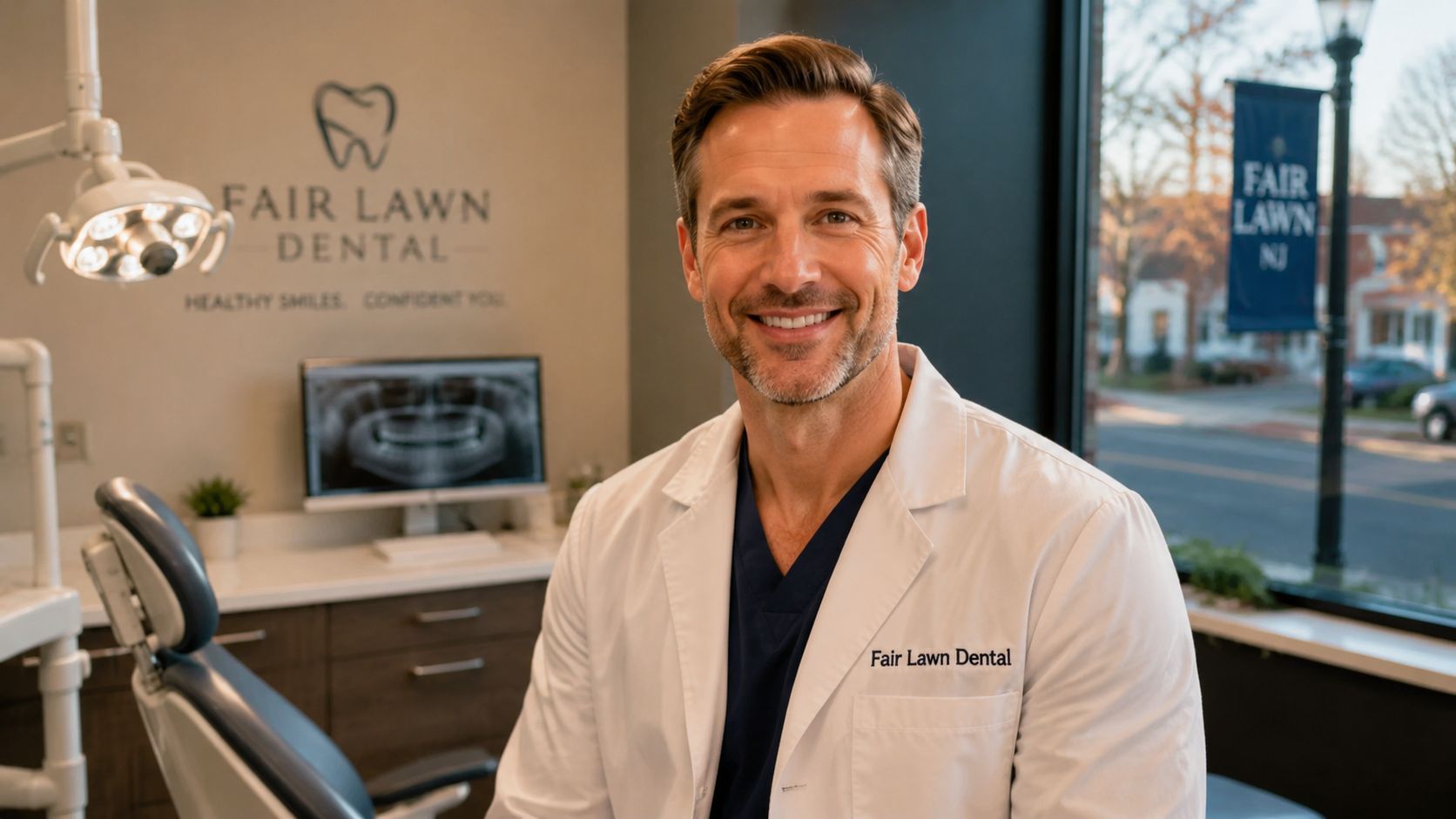 A friendly male dentist in a white lab coat smiling inside a modern Fair Lawn Dental office.