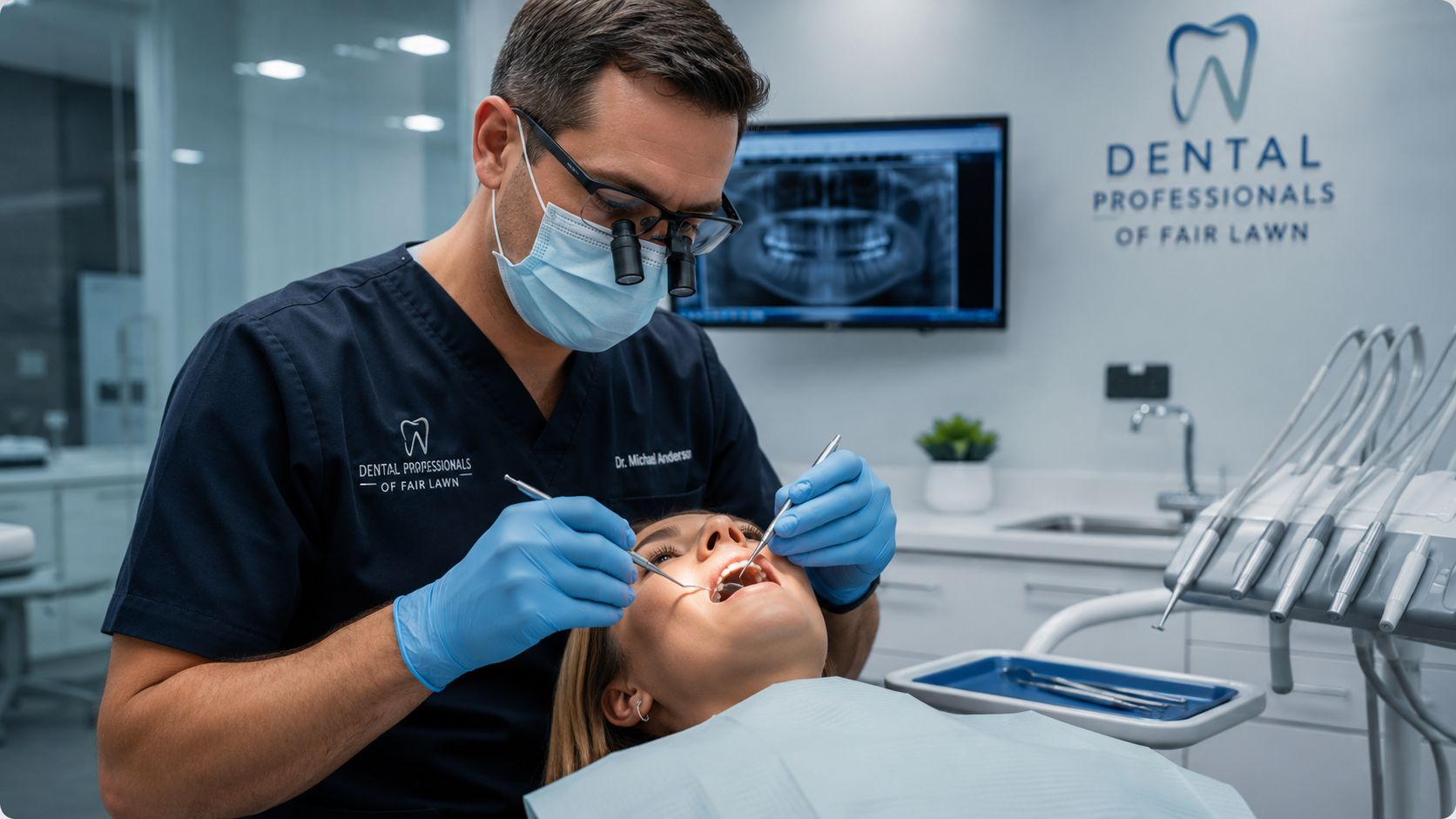 A dentist wearing a mask and magnifying glasses performing a dental checkup on a female patient.