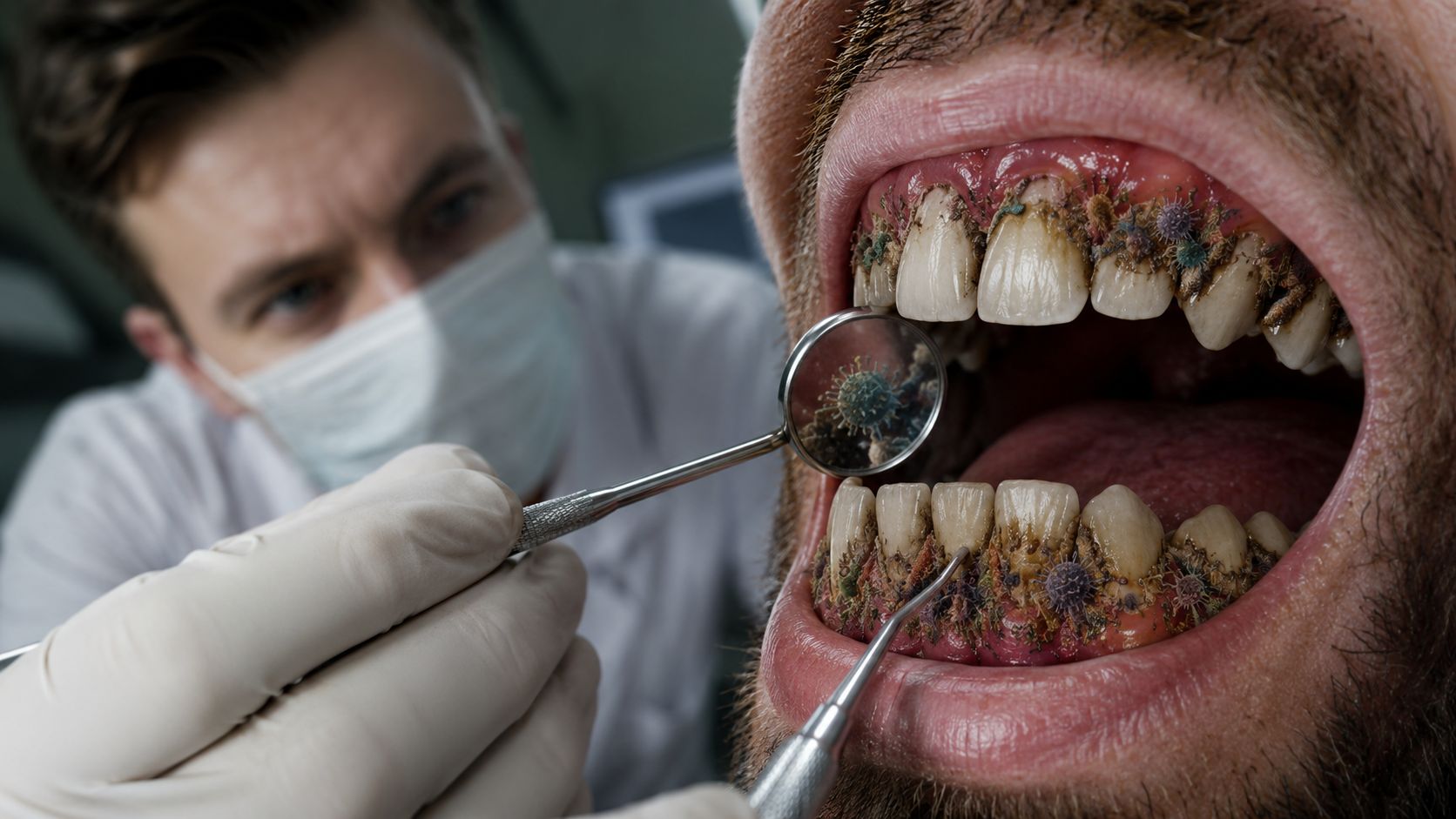 A dentist performing a professional dental exam on a patient with severe plaque and tartar buildup.