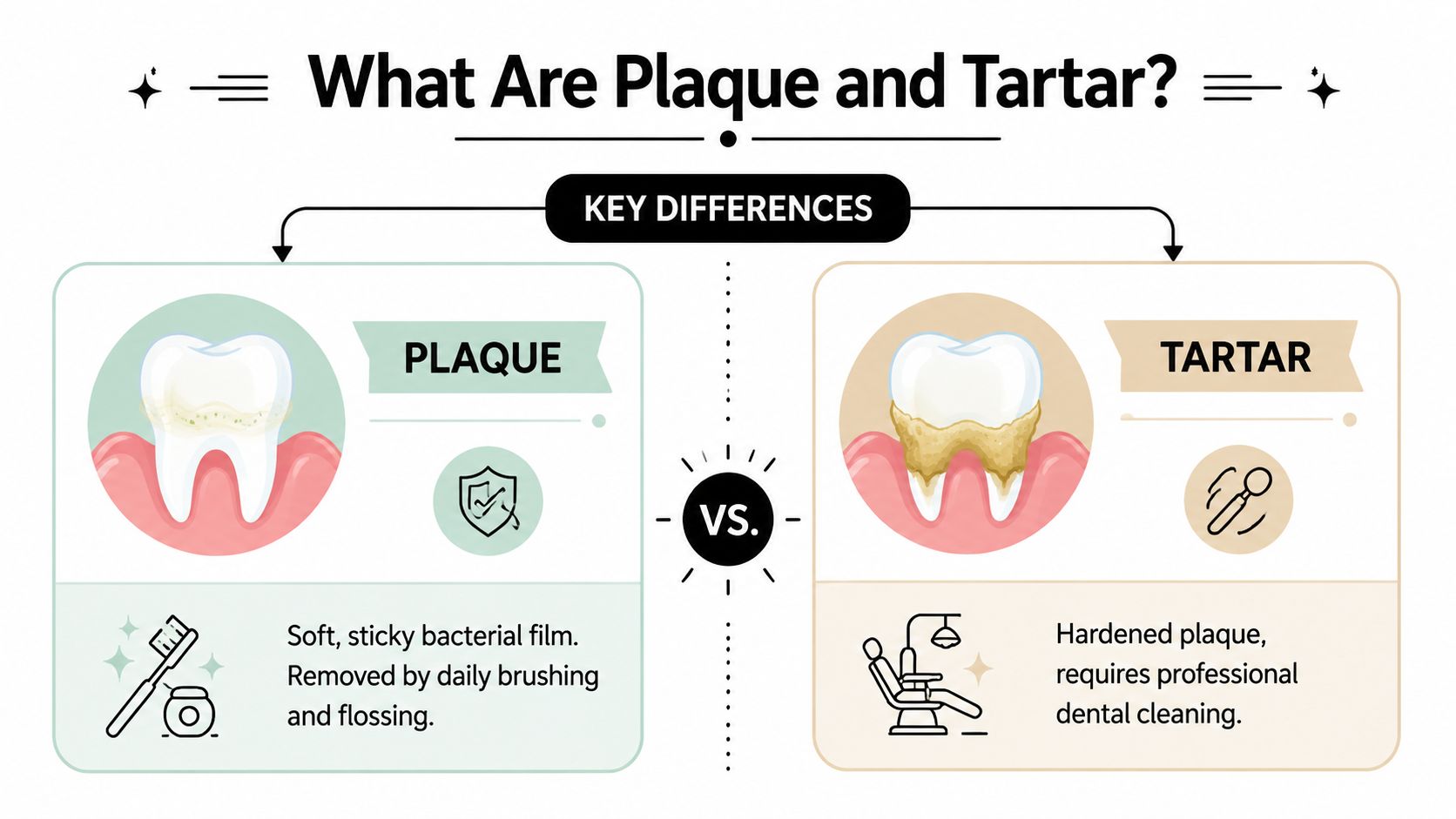 An infographic comparing dental plaque and tartar, highlighting their differences in composition and removal methods.