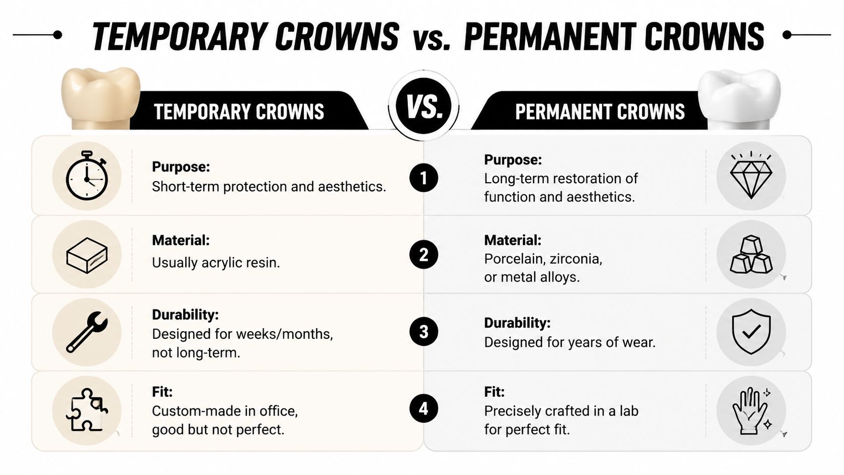 A comparison chart outlining the key differences between temporary and permanent dental crowns regarding their purpose, materials, and durability.