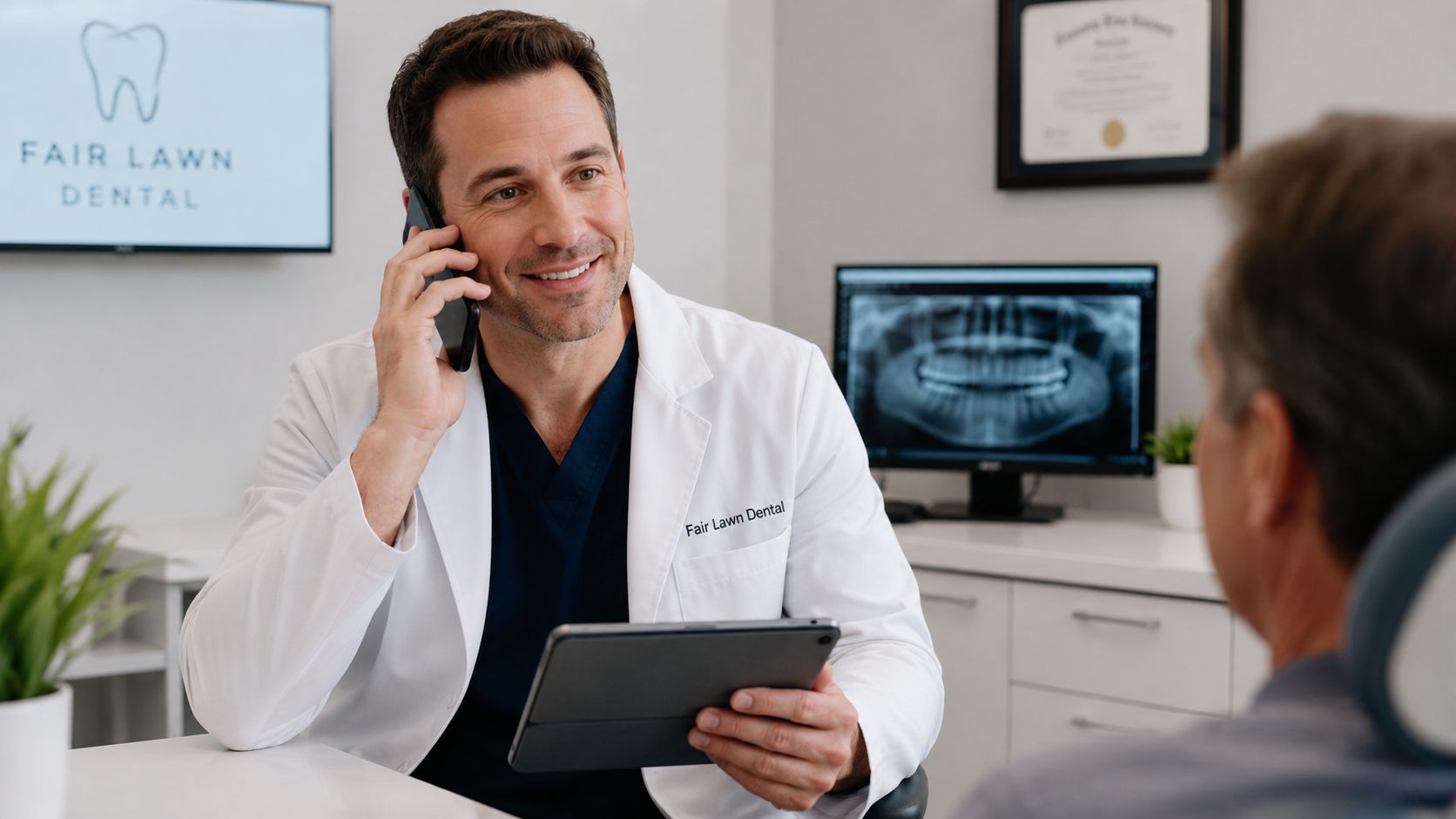A friendly male dentist in a white coat consulting with a patient while holding a digital tablet.