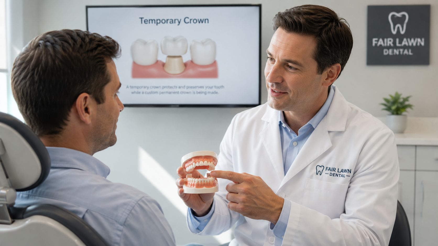 A dentist explaining the function of a temporary crown to a patient using a dental model.