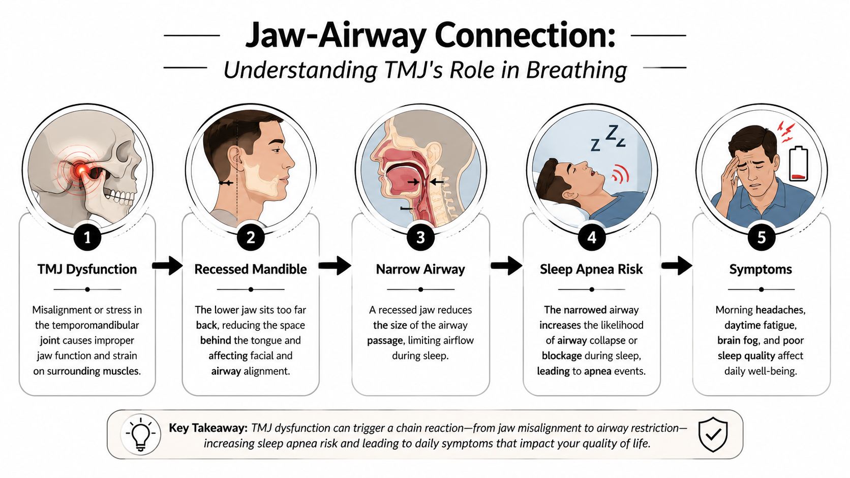 An infographic showing the chain reaction from TMJ dysfunction leading to recessed jaw, narrow airway, and sleep apnea.