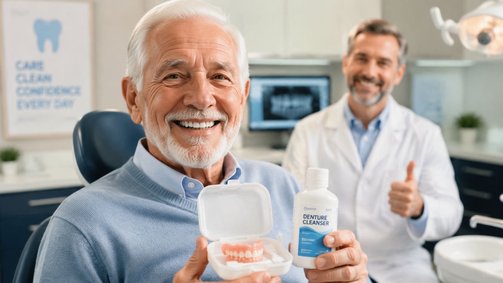 A happy senior man at a dental office holding a denture case and denture cleanser bottle.