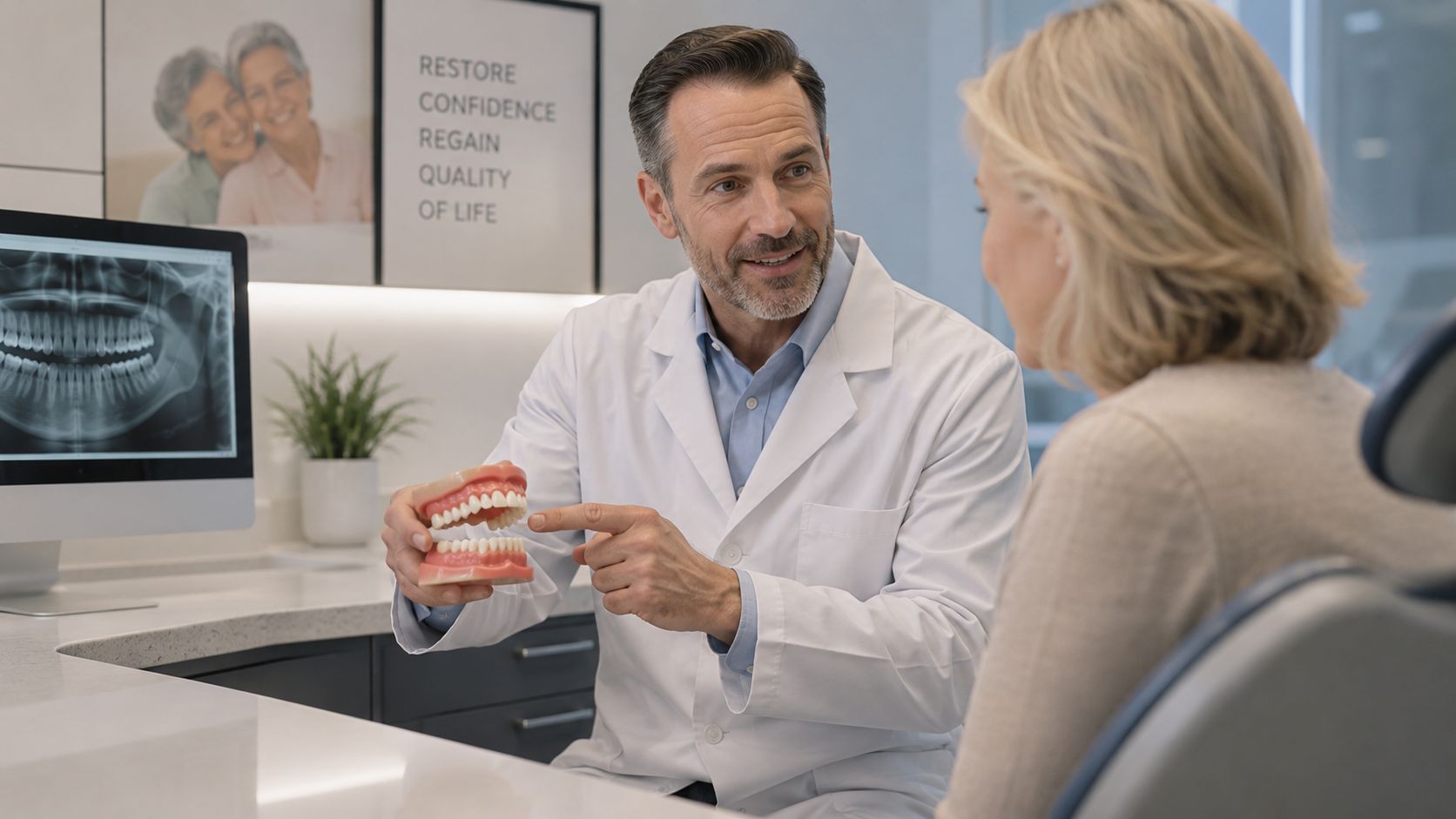 A professional dentist explaining dental procedures using a model set of teeth to a senior female patient.