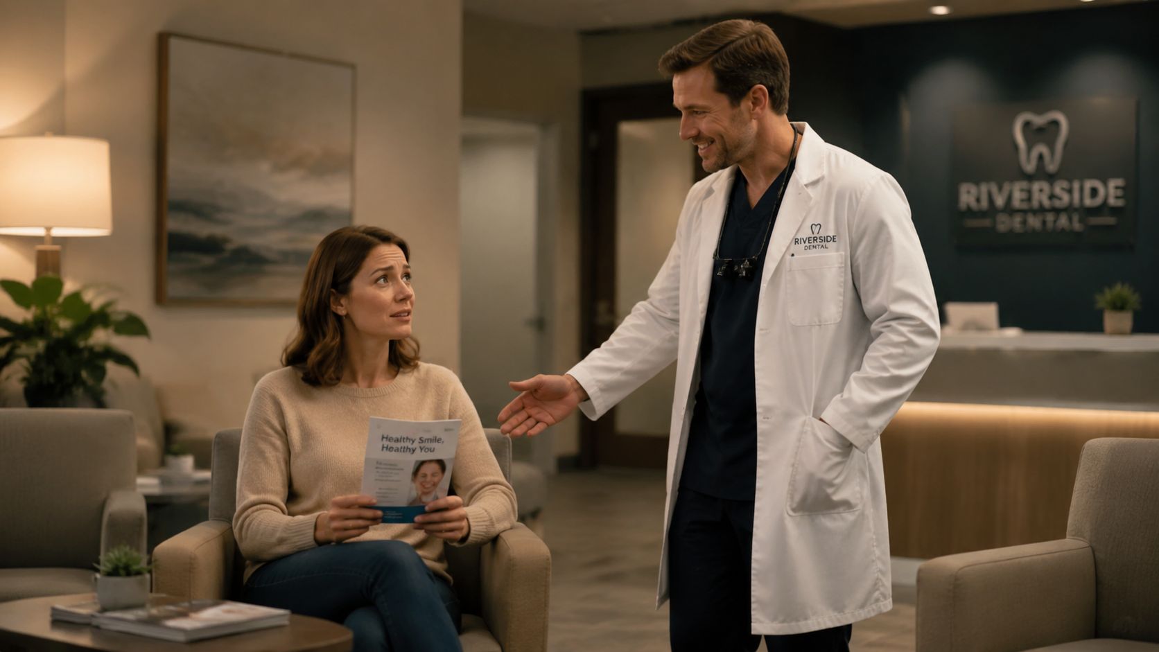 A friendly dentist gestures toward a seated patient holding an informational brochure at a modern dental office.