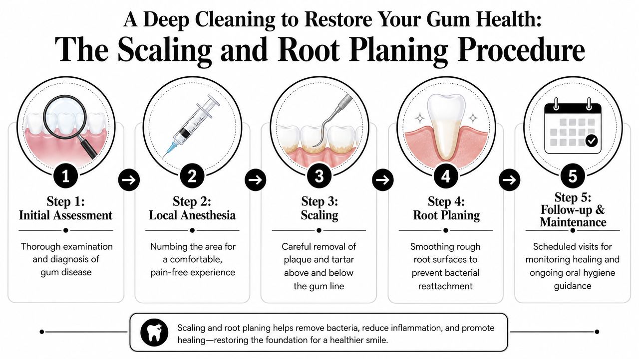 A five-step infographic illustrating the dental scaling and root planing procedure for restoring gum health.