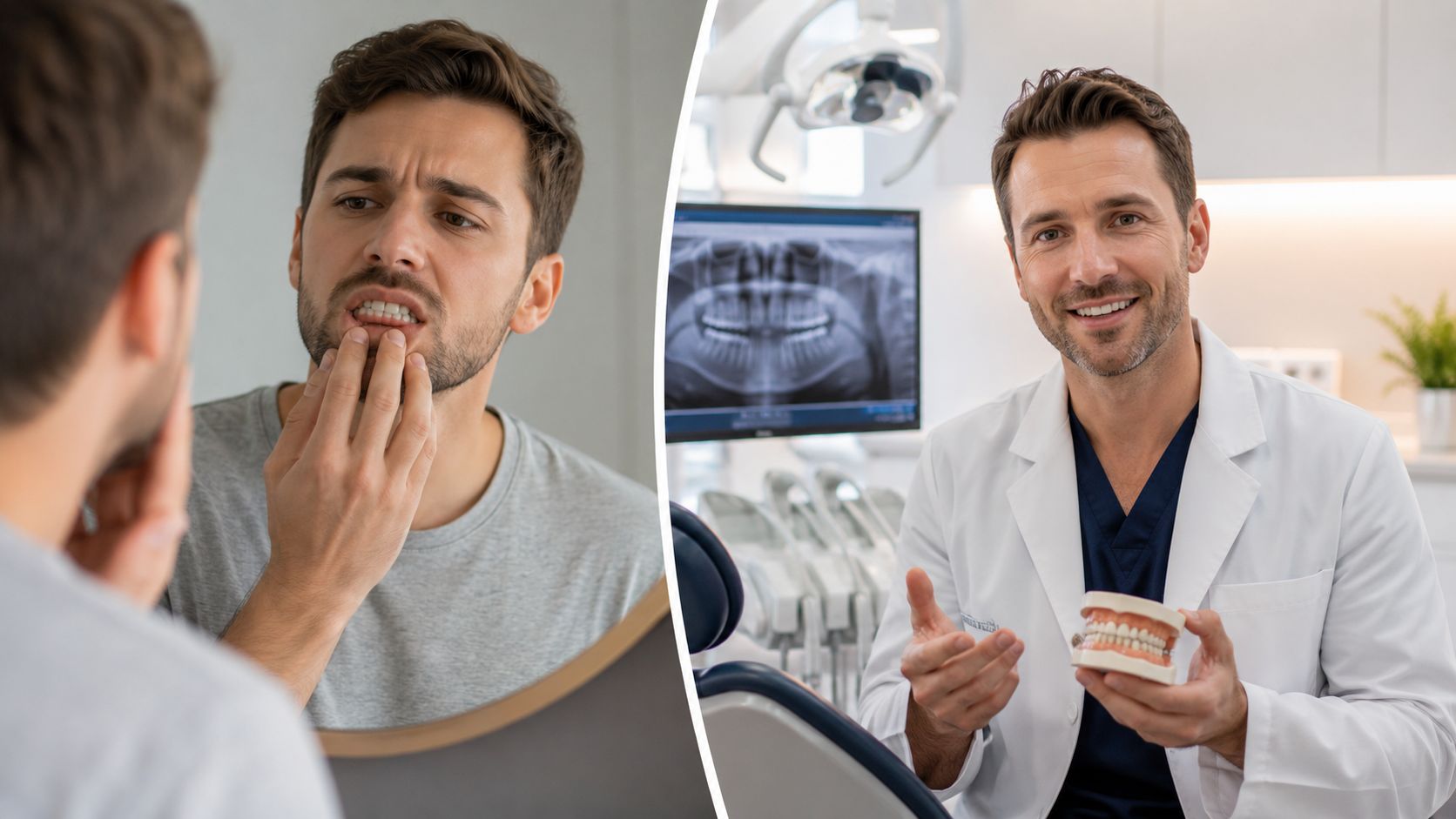 A man concerned about his teeth in a mirror and a dentist explaining oral care with a model.