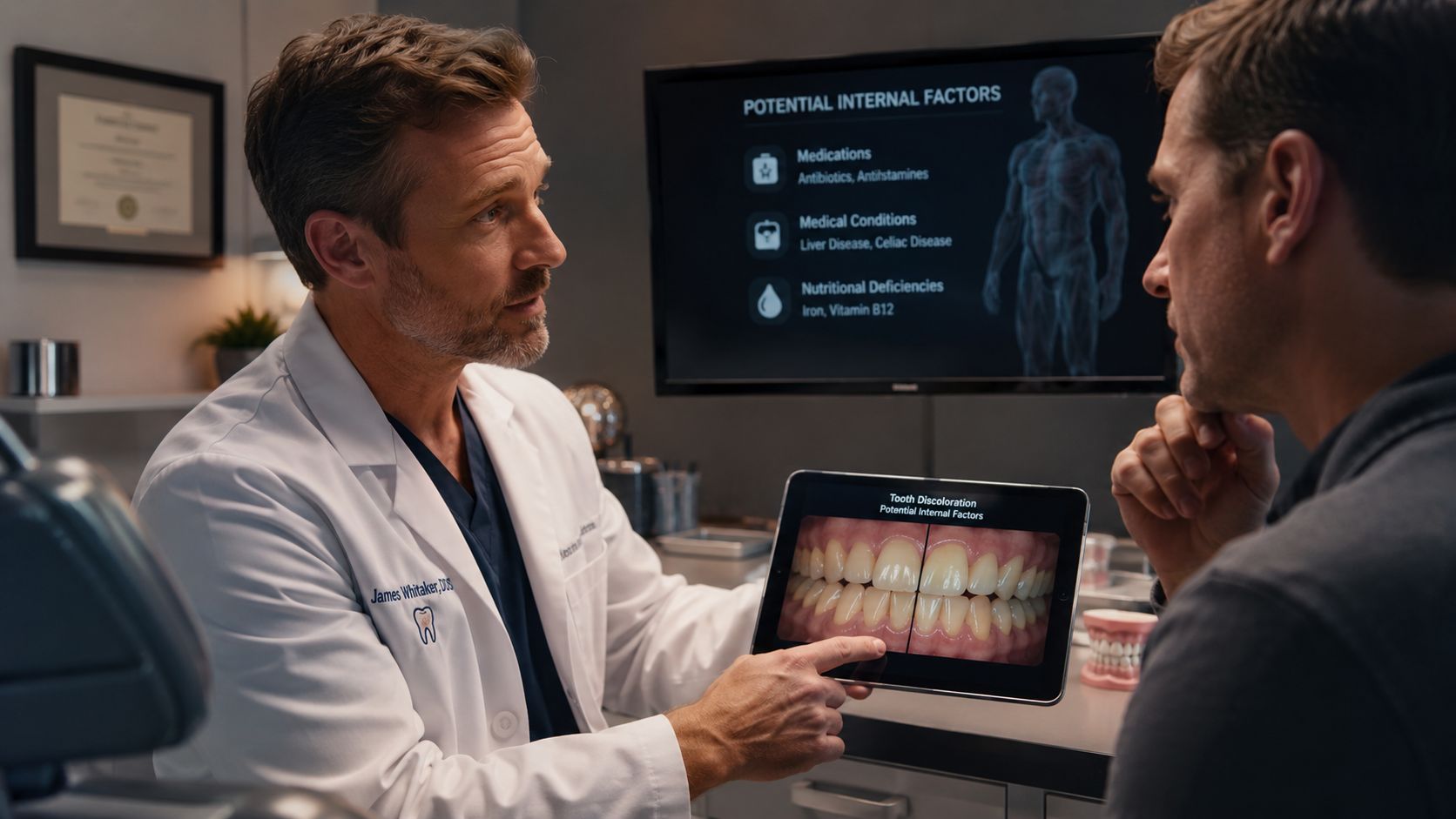 A dentist explaining potential internal causes of tooth discoloration to a patient while viewing a tablet screen.