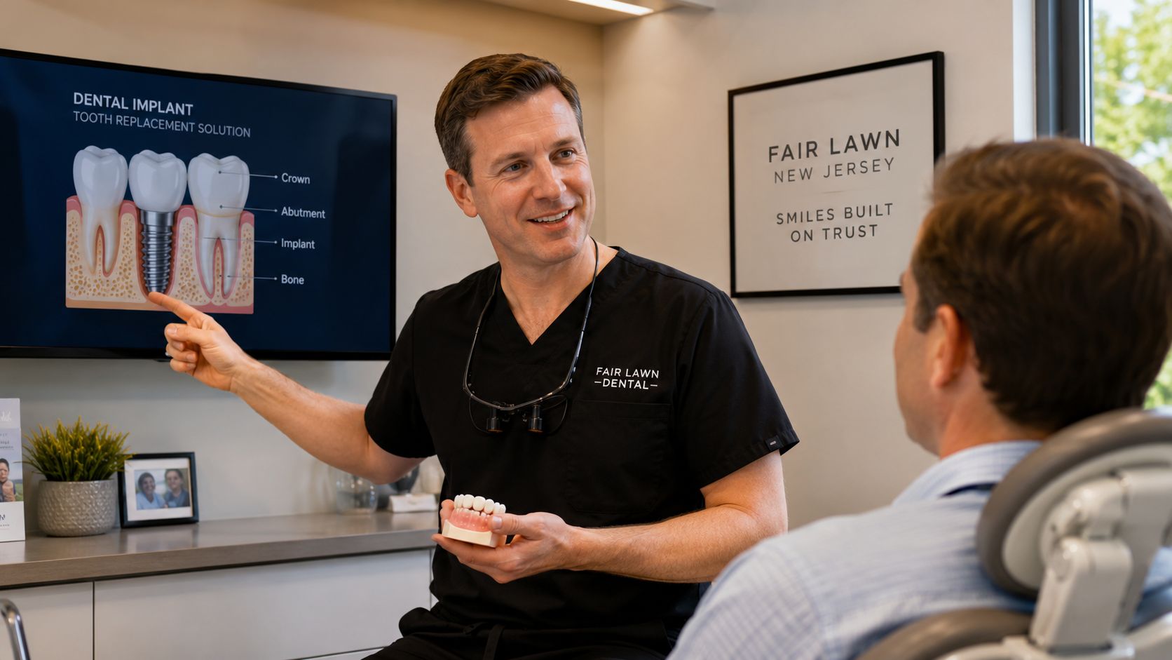 A male dentist explaining the dental implant procedure to a patient using a display monitor and model.