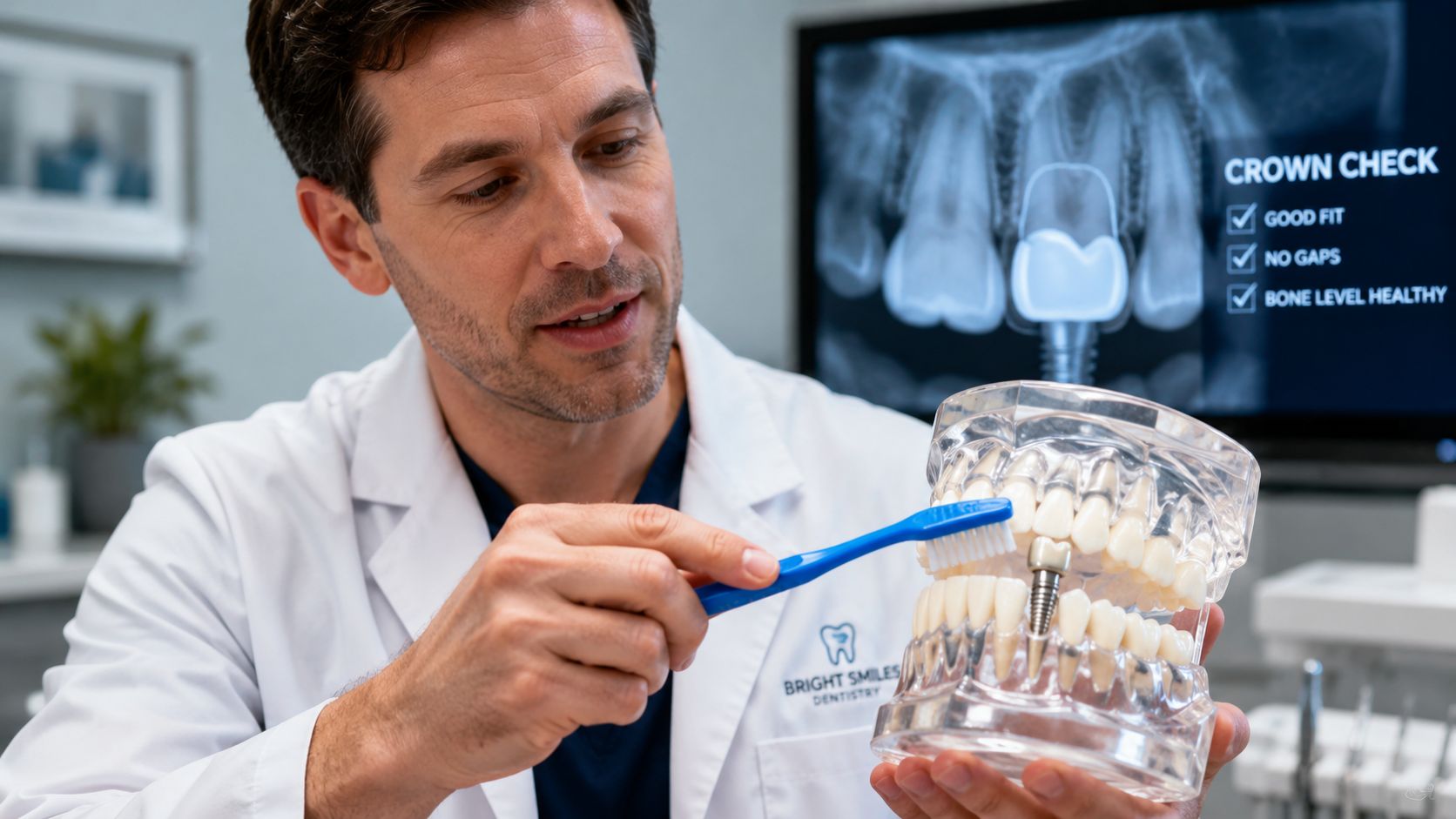 A professional dentist demonstrates how to clean a dental implant crown on a plastic teeth model.