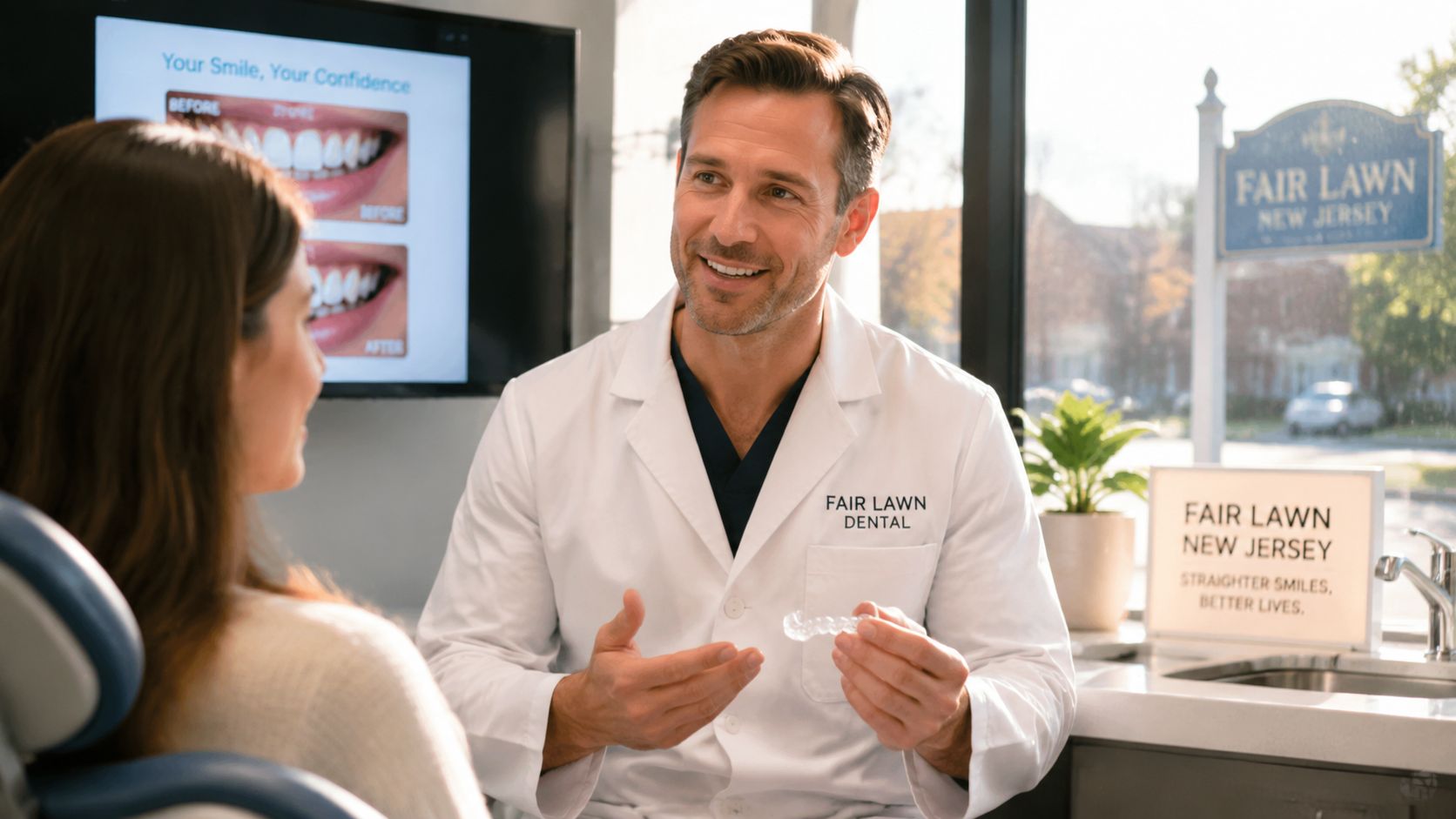 A friendly dentist explaining the Damon system braces process to a patient in a modern dental office.