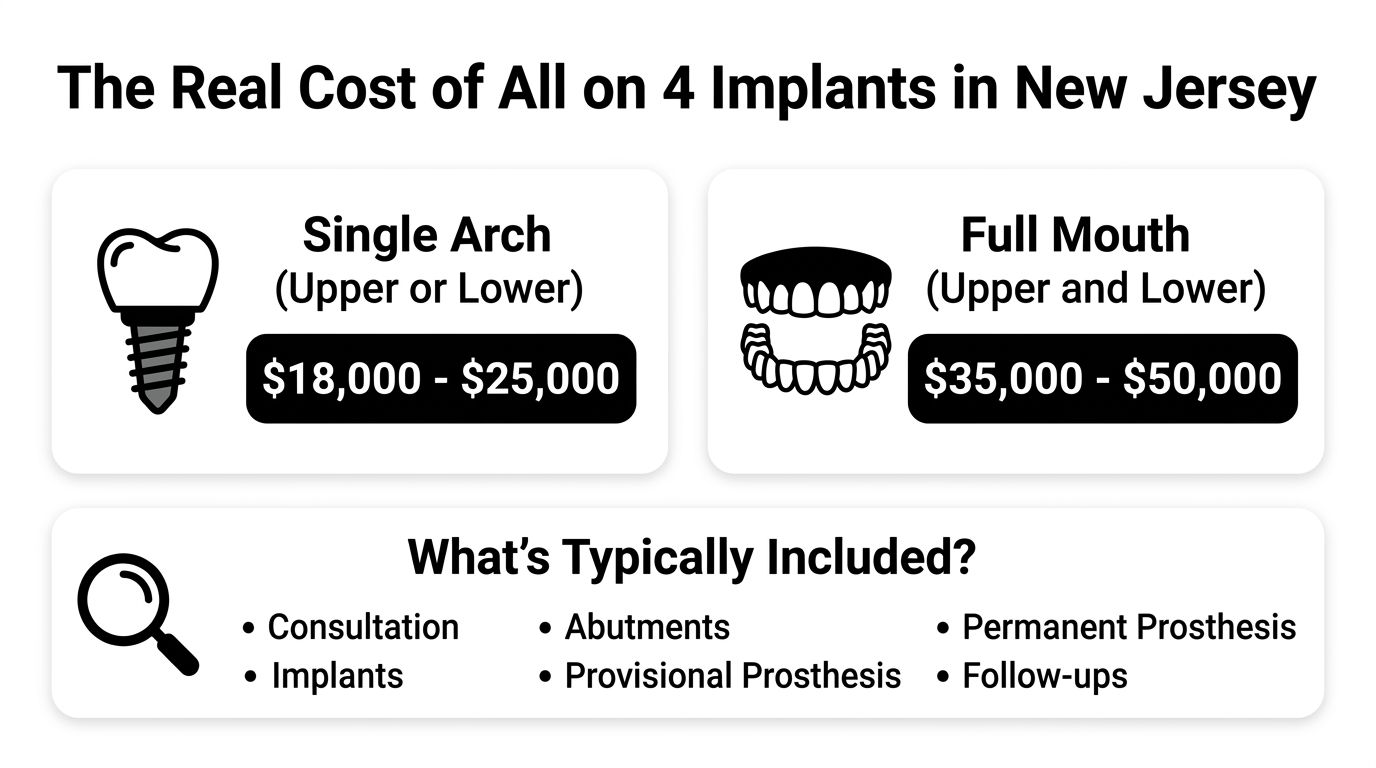 A price breakdown of All on 4 dental implants in New Jersey for single and full mouth options.