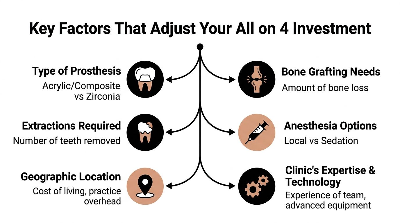 An infographic illustrating six key factors that influence the total cost of All-on-4 dental implant treatments.