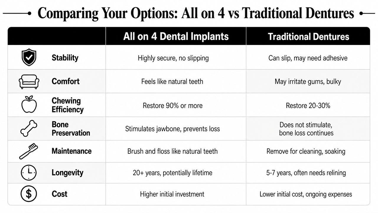 A comparison table outlining key differences between All on 4 dental implants and traditional dentures.
