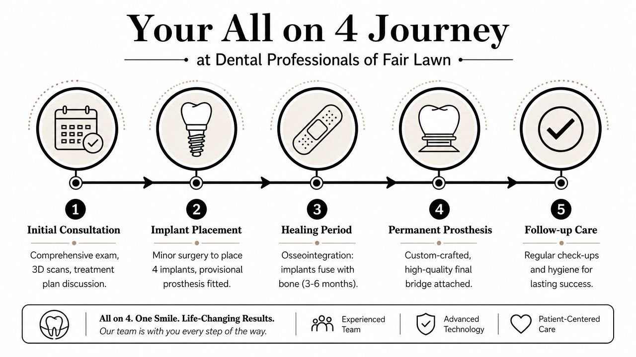 A step-by-step infographic showing the five stages of an All-on-4 dental implant treatment process.