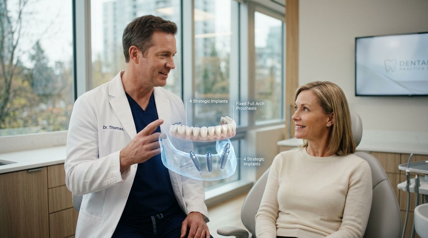 A dentist explaining the All-on-4 dental implant procedure to a patient using a 3D digital model.