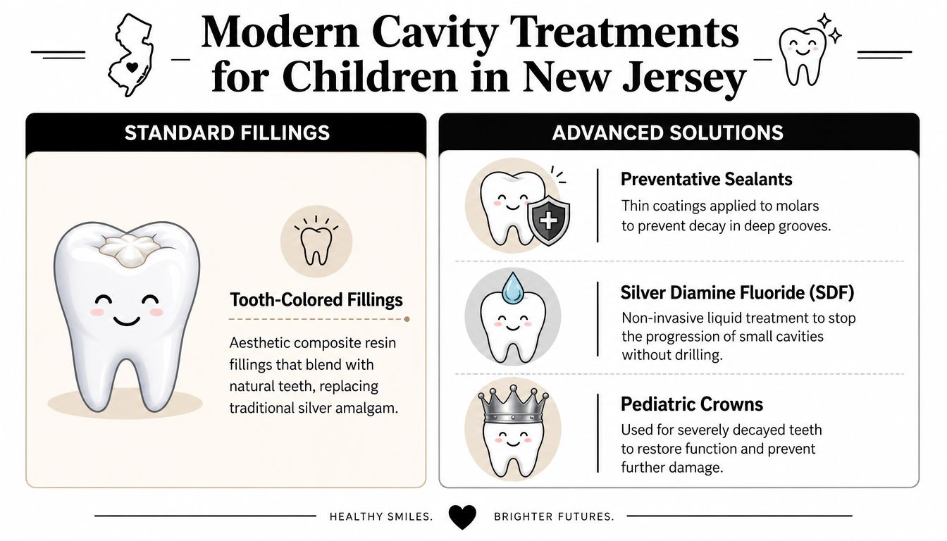 An infographic detailing modern cavity treatments for children including tooth-colored fillings, sealants, SDF, and pediatric crowns.