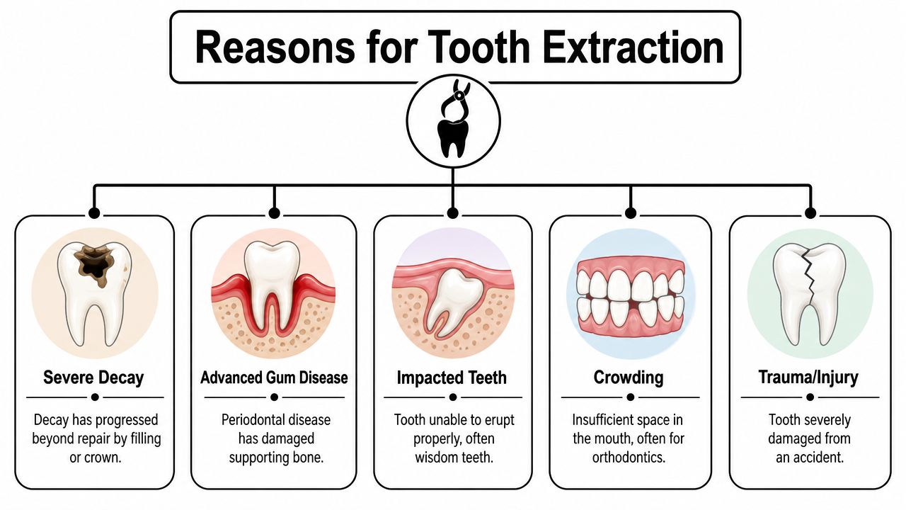 A diagram illustrating five common reasons for tooth extraction, including decay, gum disease, impact, crowding, and trauma.