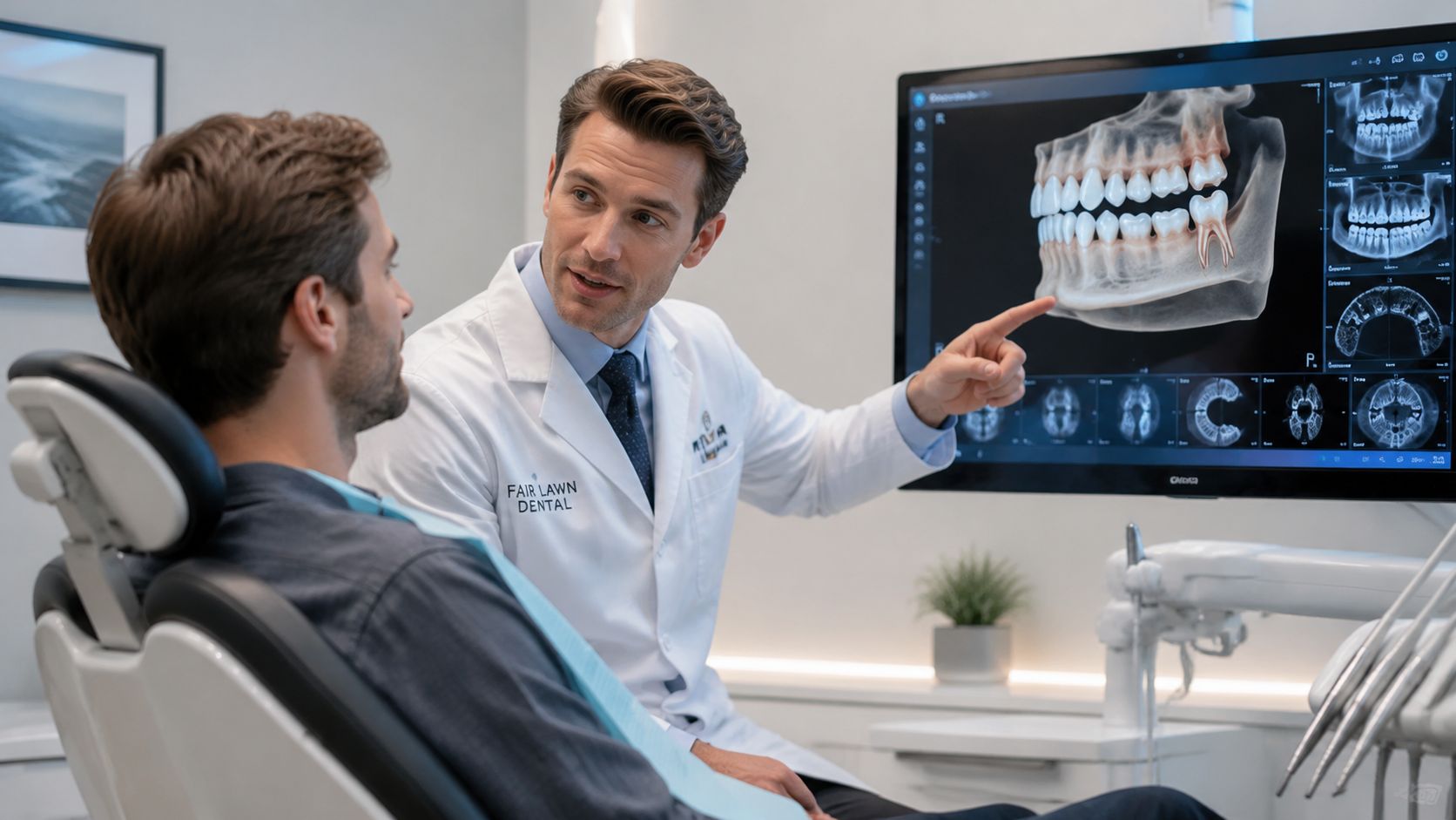 A professional dentist discussing a 3D dental scan and treatment plan with a patient in his office.