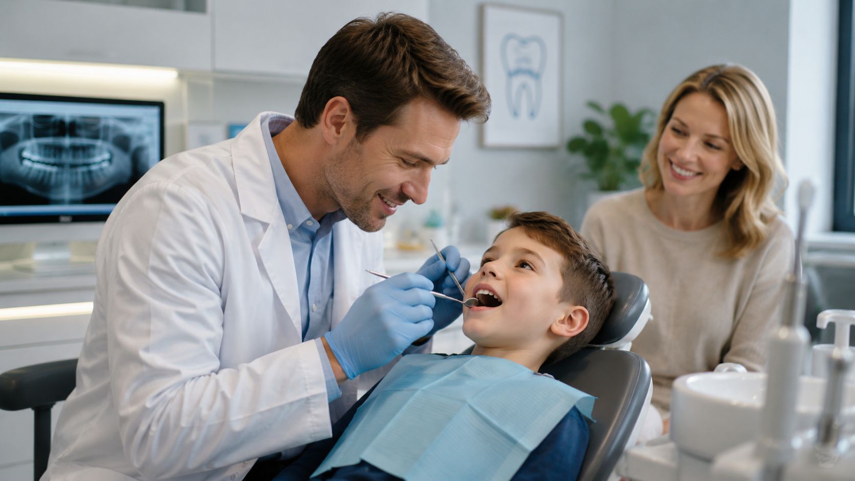 A friendly male dentist examines a young boy's teeth while his mother watches in a modern clinic.