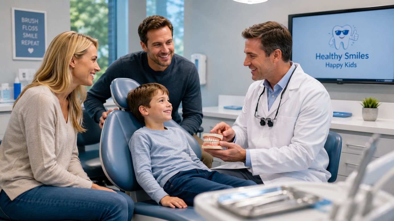 A friendly pediatric dentist showing a set of plastic teeth to a smiling young boy and his parents.