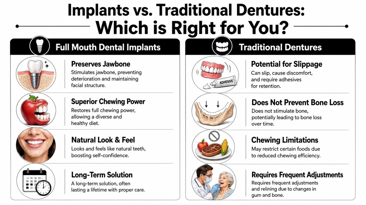 A comparison infographic between full mouth dental implants and traditional dentures highlighting benefits and drawbacks.