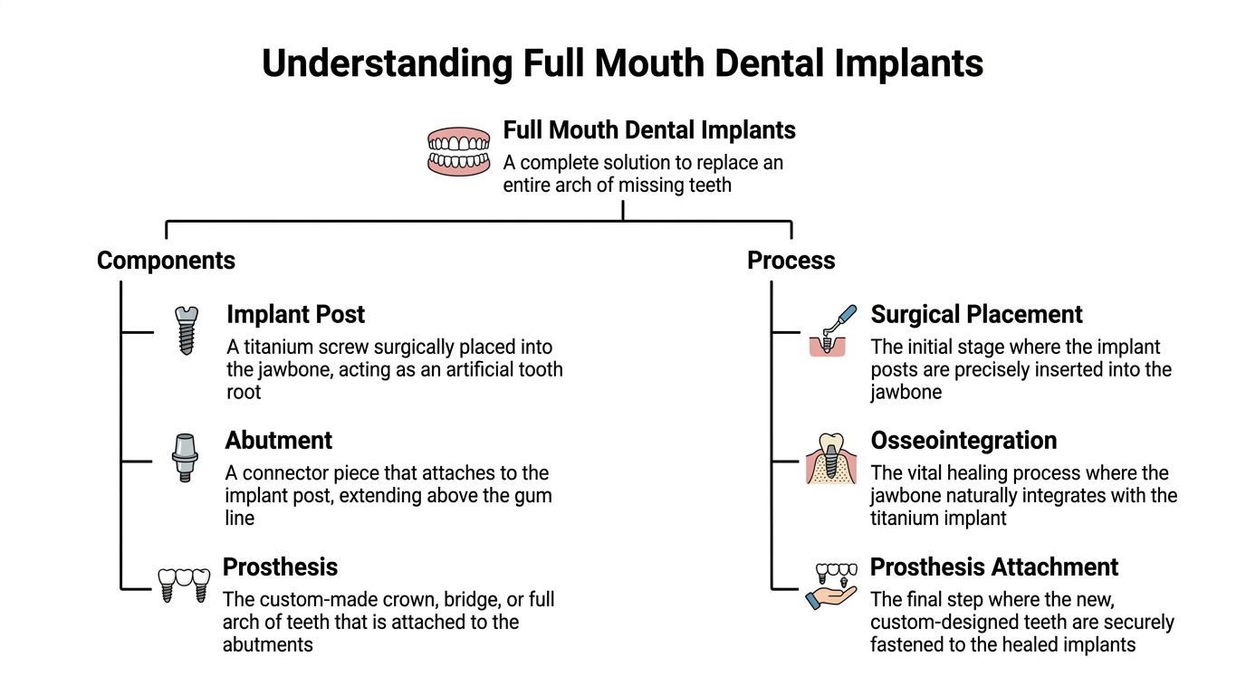 An infographic diagram explaining the components and surgical process of full mouth dental implants for tooth restoration.