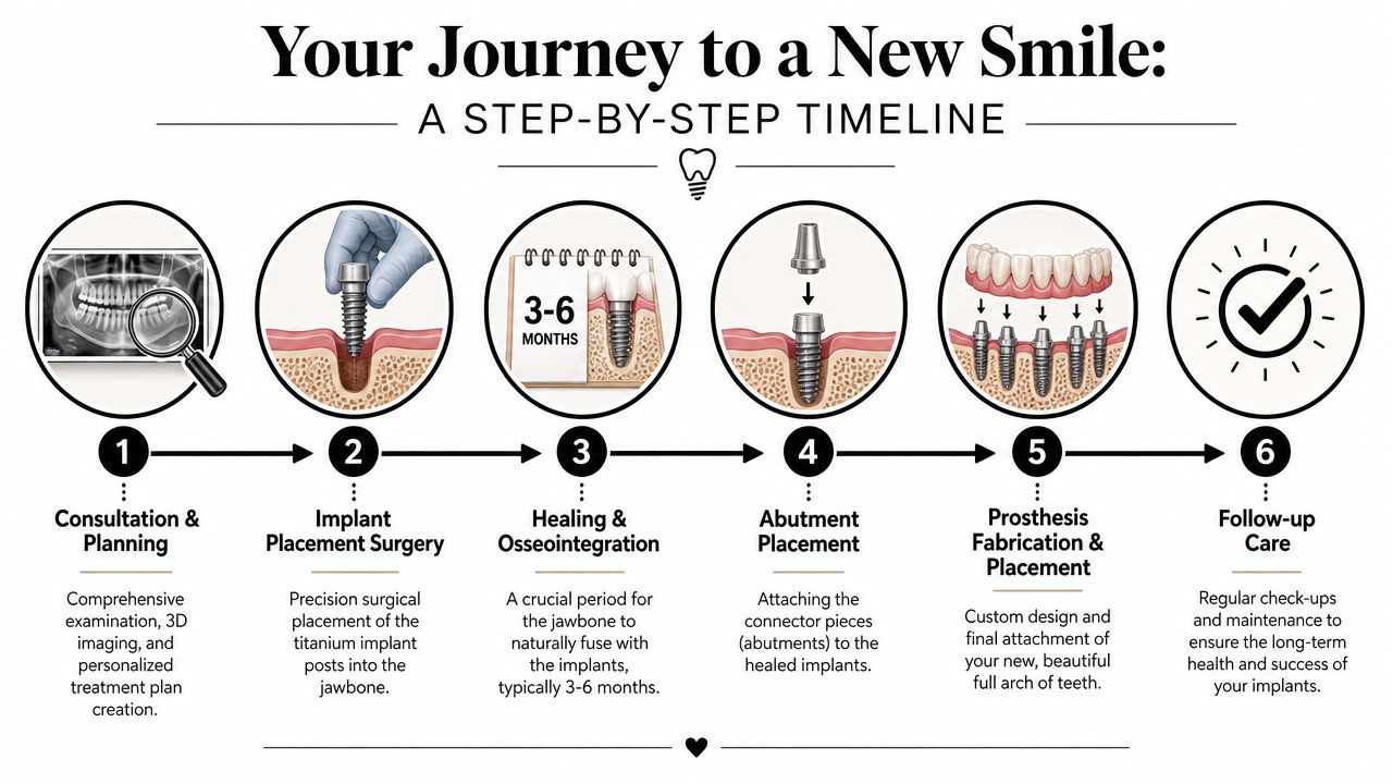 A step-by-step infographic showing the six stages of a full mouth dental implant procedure.