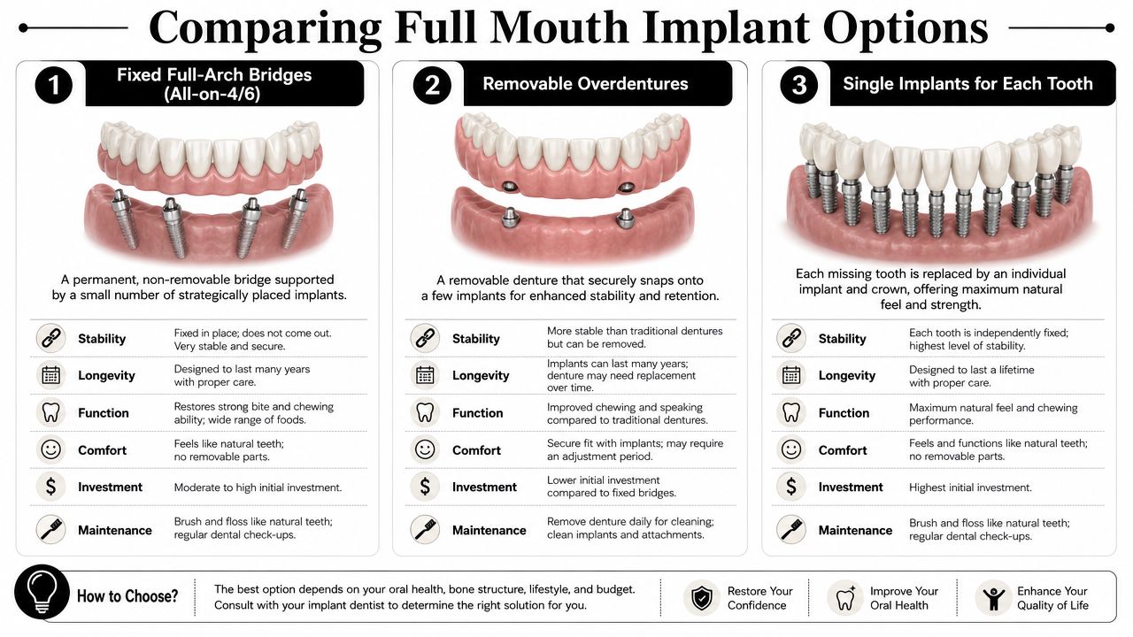 A comparison infographic showing three different types of full mouth dental implants with features and benefits.