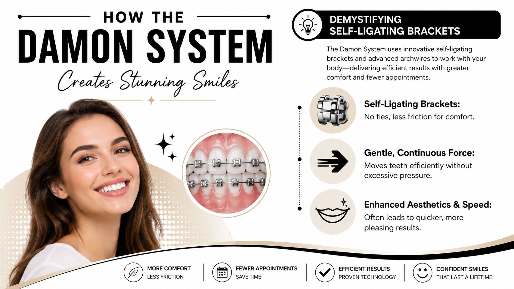 A woman smiling brightly showing off the Damon System orthodontic treatment with self-ligating braces and archwires.