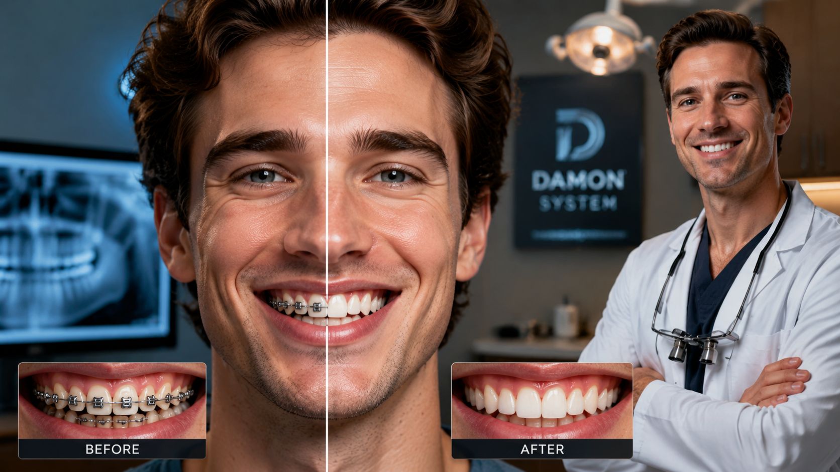 A split image showing a man's dental transformation using Damon braces with a dentist in background.