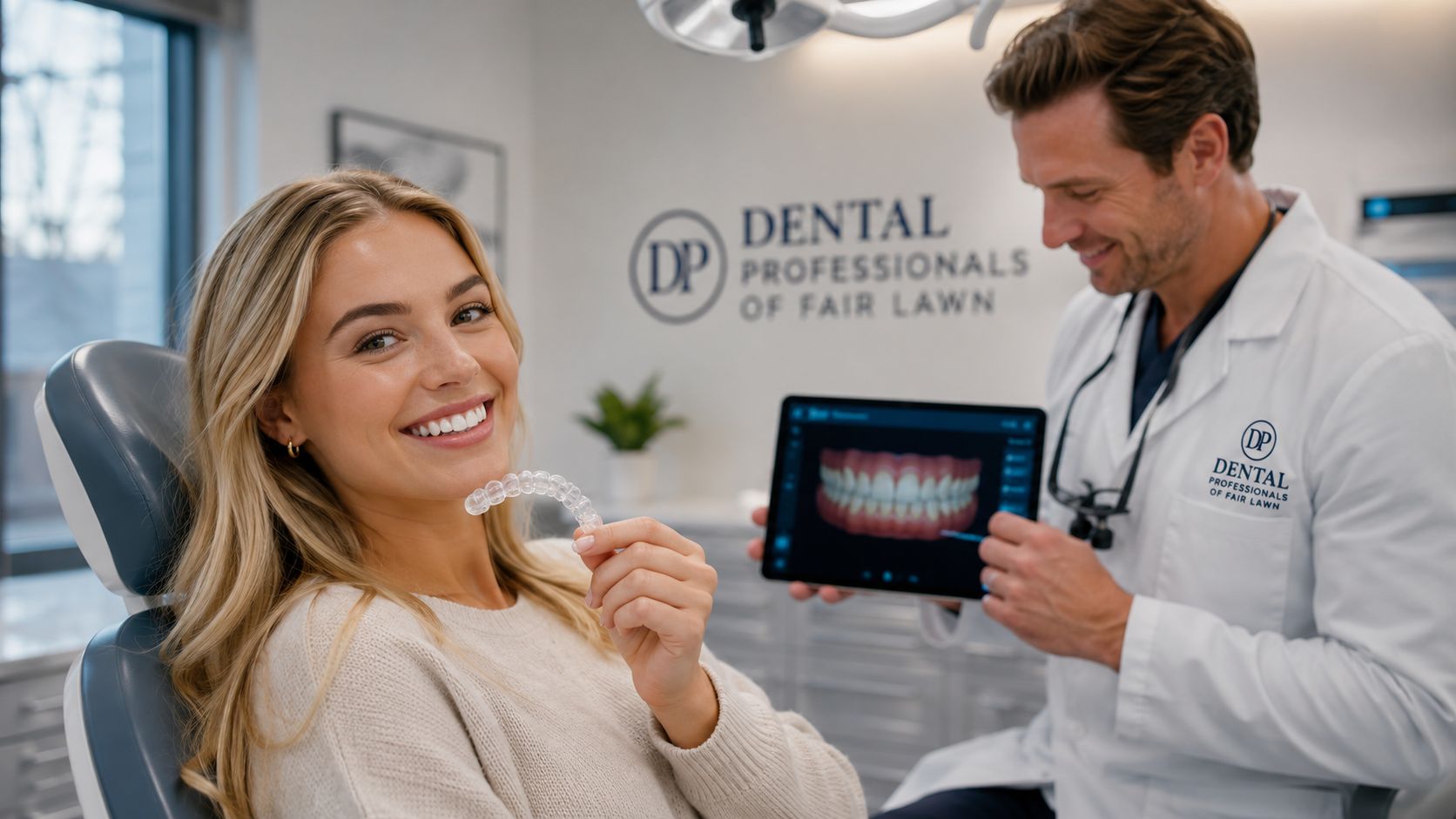 A dentist shows a digital teeth model on a tablet to a woman holding clear aligners.